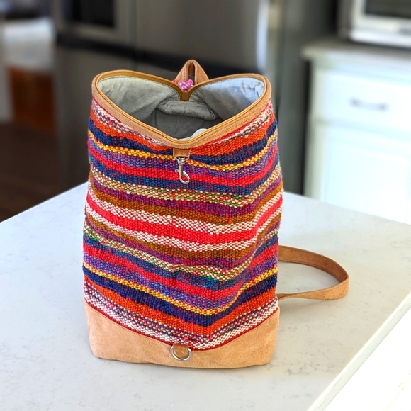 Rasta Moda Multicolor Woven Sack Backpack with Leather Bottom, Trim, & S… - Picture 3 of 14